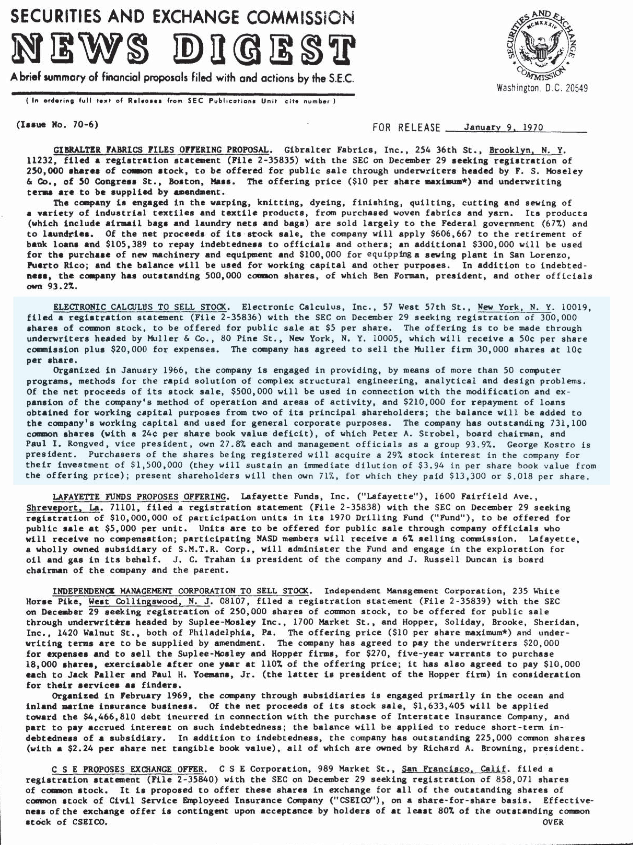 SEC News Digest, 01-09-1970