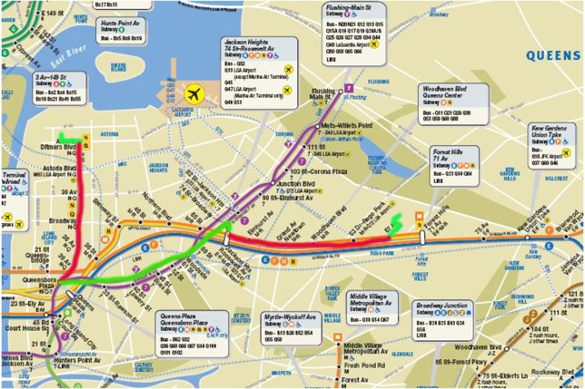From school, in Astoria, I would walk (green) a few blocks to the Ditmars Boulevard train station; take the elevated train (red) to Queensboro Plaza; switch to elevated express train (green) going to Flushing, change to the local train at Woodside, and get off in Jackson Heights; walk to the underground local train (red) to Forrest Hills, and get off at my station, 67th Avenue; then walk (green) a few blocks to my apartment.
